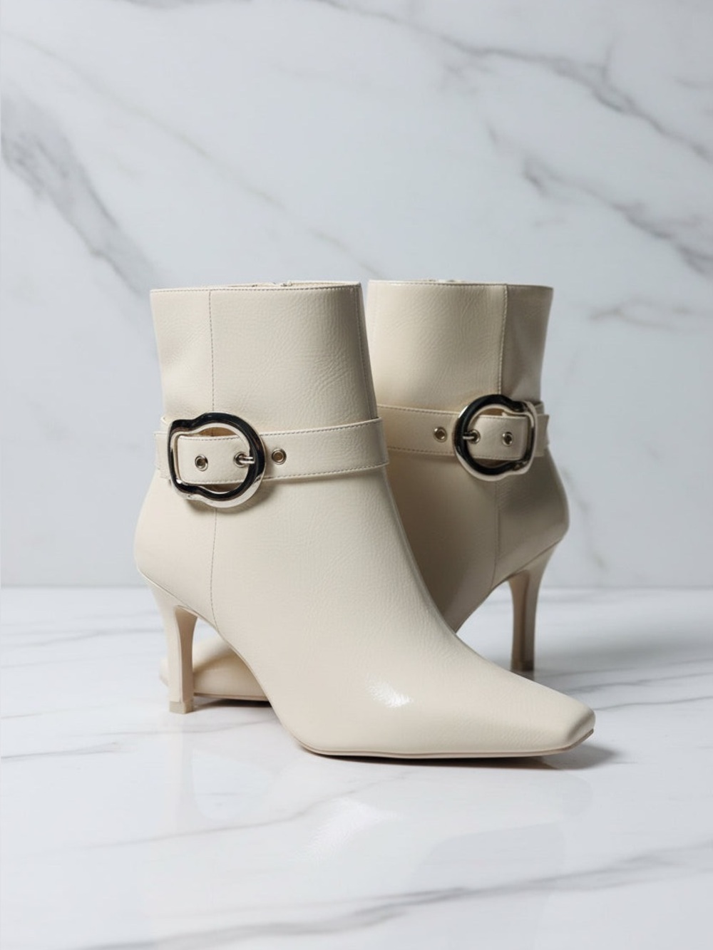 Gianni Bini Cream Ankle Boots with Gold Buckle